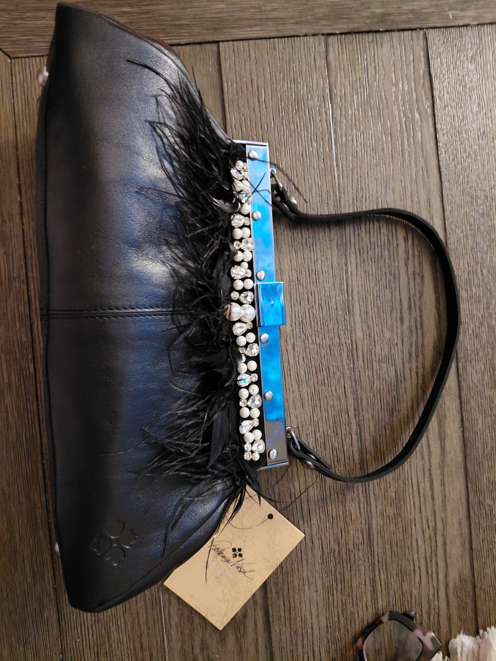 Black Feather Accent Evening Clutch with Pearl & Metal Trim